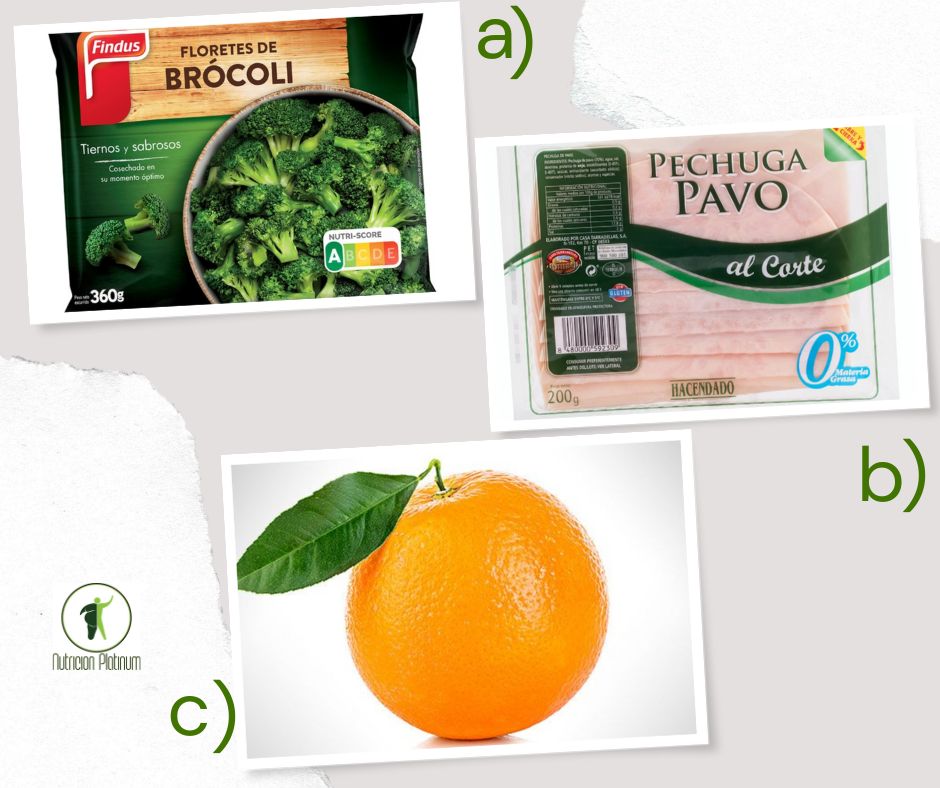 Brocoli con jamón de pavo y 1 naranja por persona.